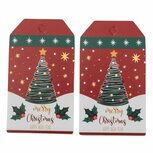 Kerst label donker rood 7 x 4.5 cm merry christmas kerstboom en sneeuw 10 stuk
