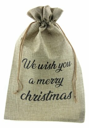 Jute zakje 20 x 30 cm we wish you a merry christmas zwart