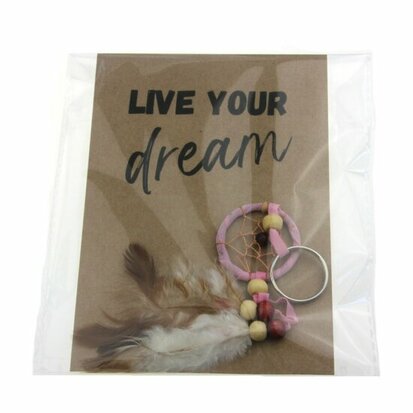 Gelukszakje kaart live your dream sleutelhanger dromenvanger