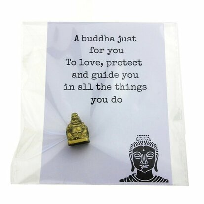 Gelukszakje kaart wit of kraft a buddha just for you met 3 cm boeddha