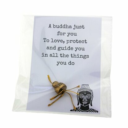 Gelukszakje kaart wit of kraft a buddha just for you met gelukspoppetje boeddha goud