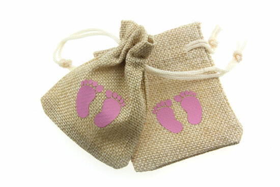 Jute zakjes roze babyvoetjes 7 x 9 cm