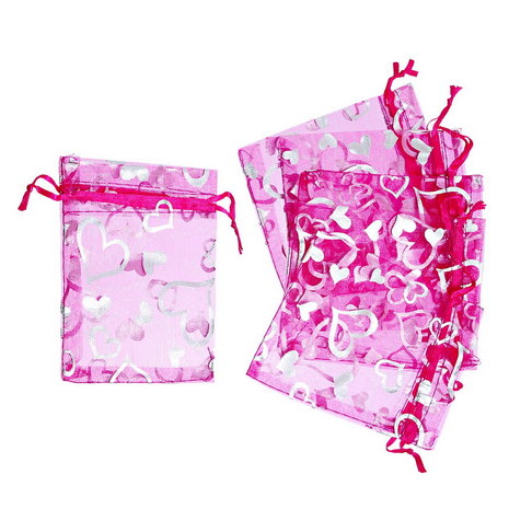 Organza zakje fuchsia met zilveren hartje print